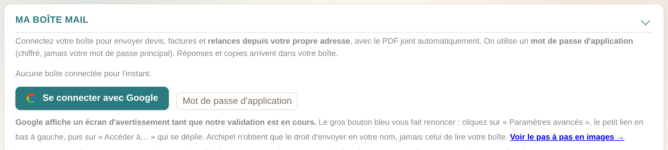 La carte « Ma boîte mail » dans les réglages d'Archipel, avec le bouton « Se connecter avec Google » et le bouton « Mot de passe d'application ».